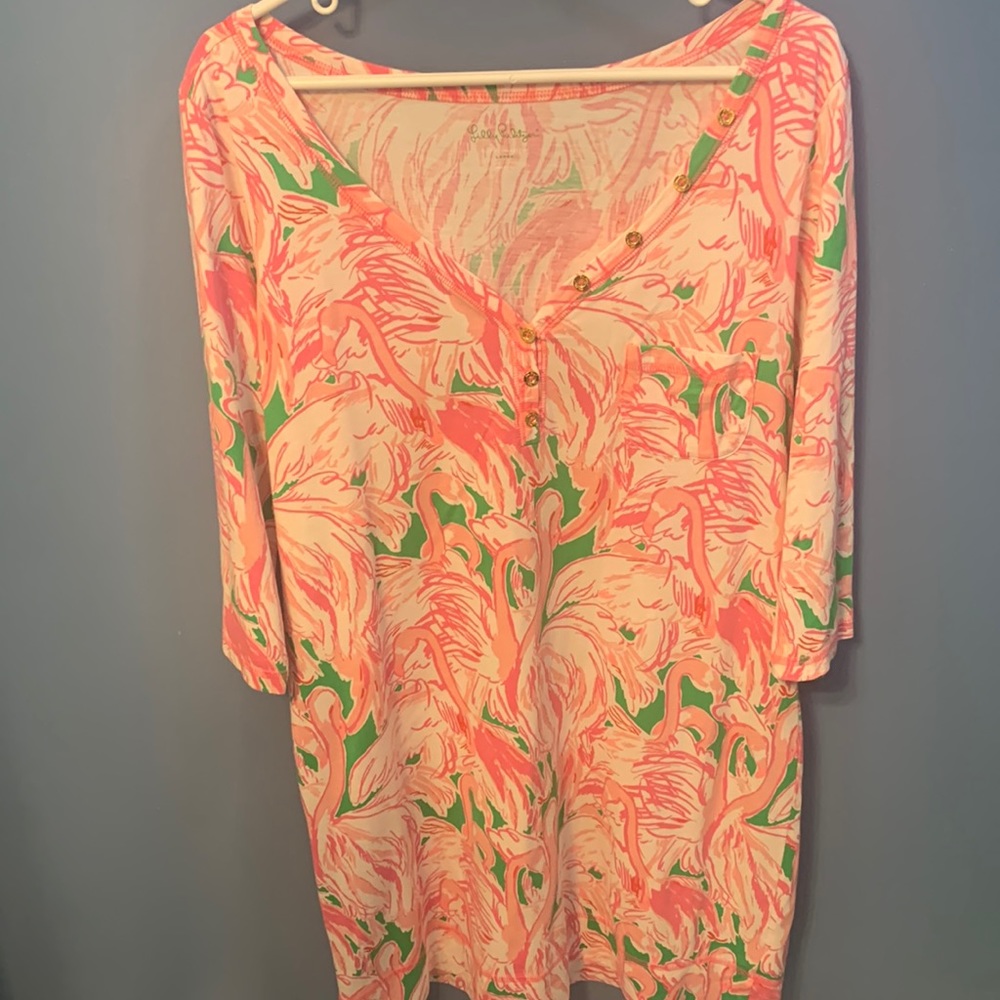 Lilly Pulitzer Palmetto Dress Pink Flamingo 3/4 Sleeve New Large Cotton Club